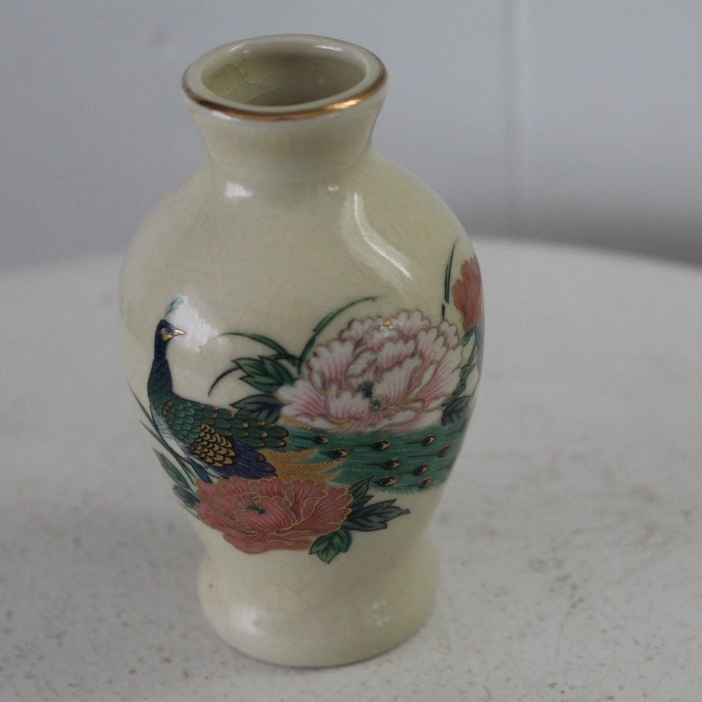 Miniature Vintage Ceramic Peacock Floral  Made in Japan Vase